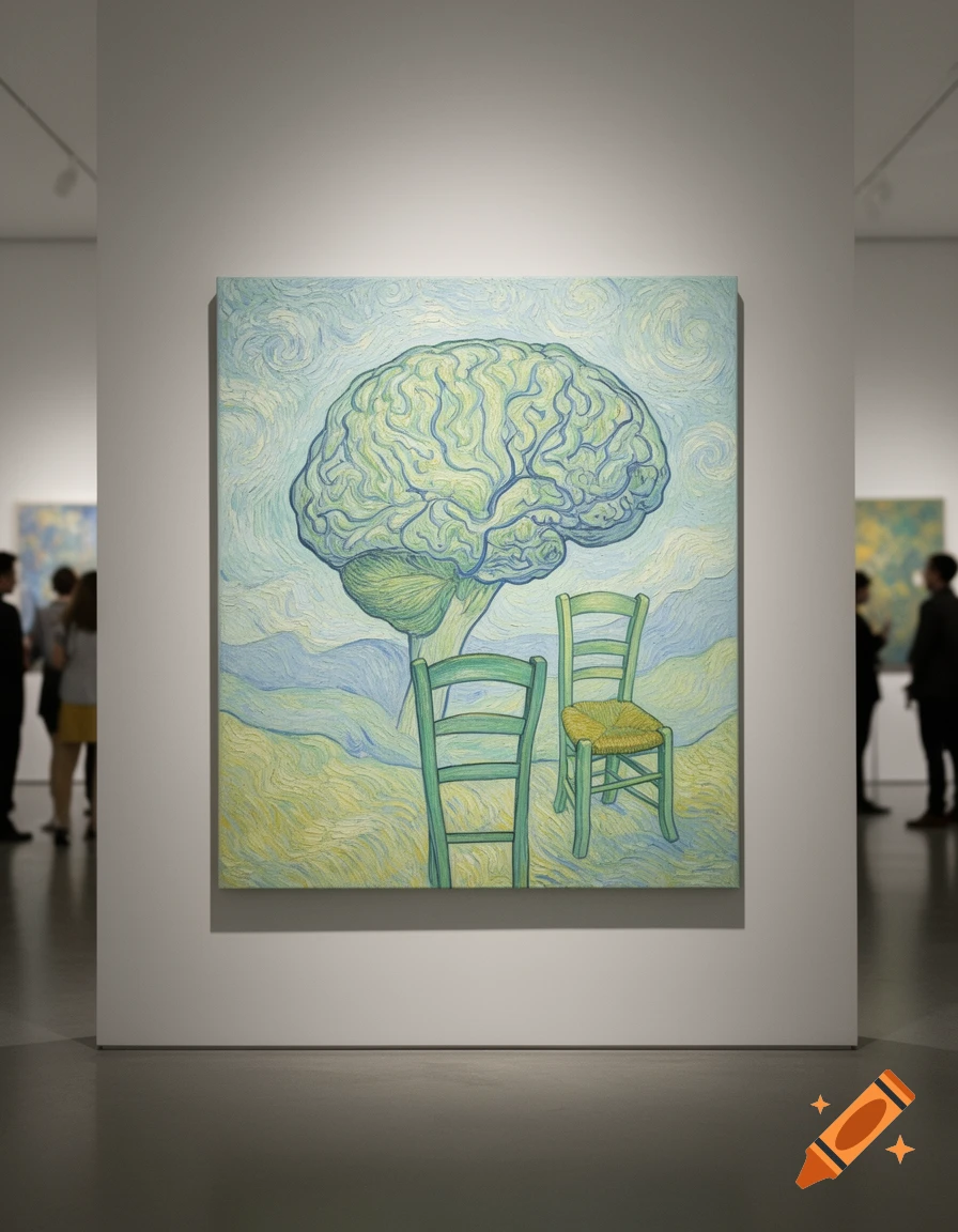 A Van Gogh-style painting featuring a large human brain above two green chairs, displayed in an art gallery.
