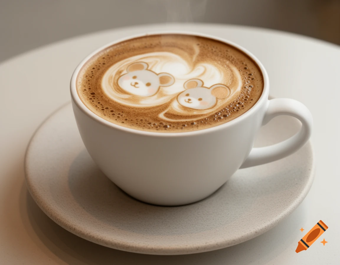 Photorealistic image of a white coffee cup with latte art depicting two cute bear faces in the foam, sitting on a matching saucer.