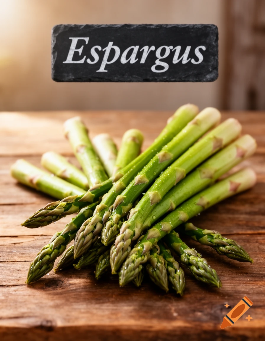 Fresh green asparagus spears with water droplets on a wooden surface, labeled 'Espargus' on a black slate.