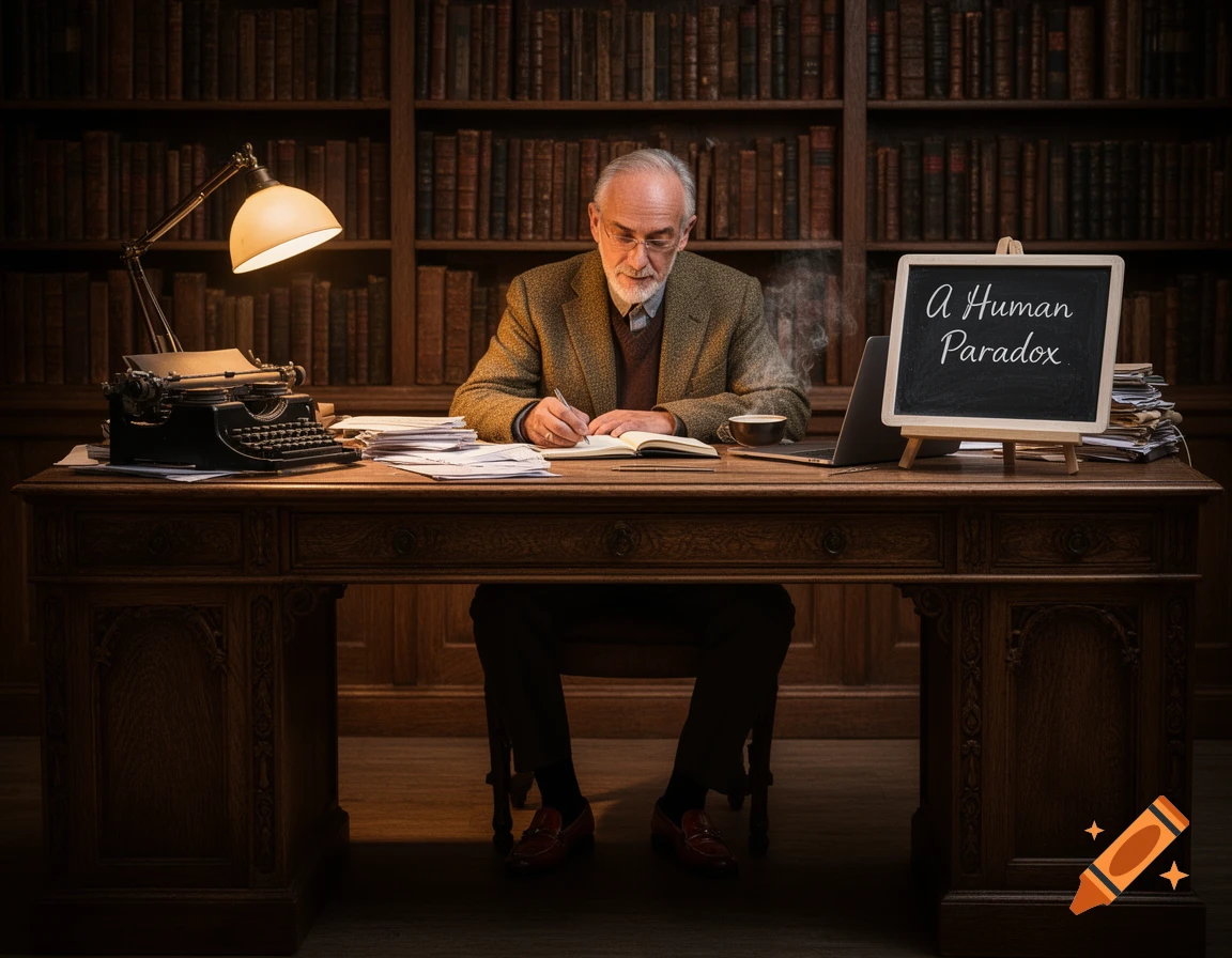 An elderly man in a tweed jacket writes in a book at a wooden desk in a dimly lit library.