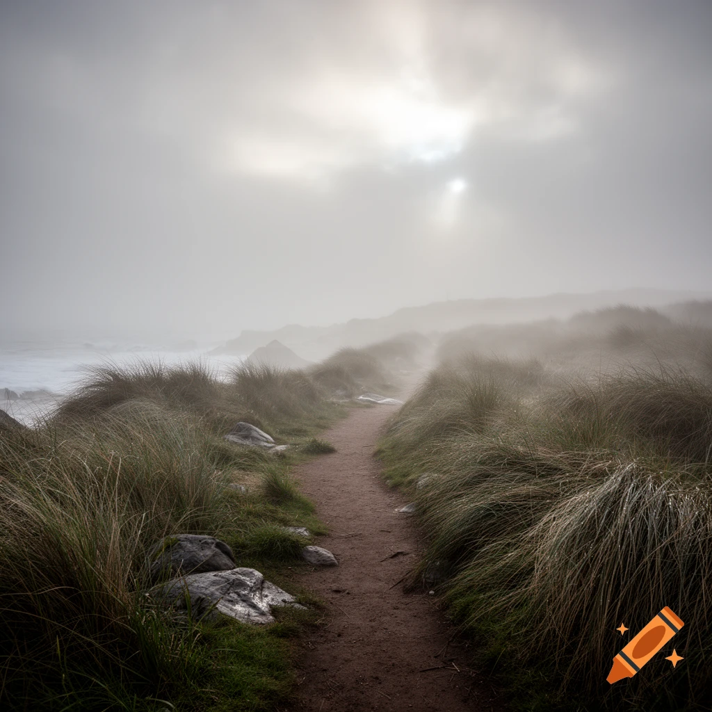 A winding dirt path through tall coastal grass and rocks on a very foggy day, with the ocean visible and bright light in the sky.