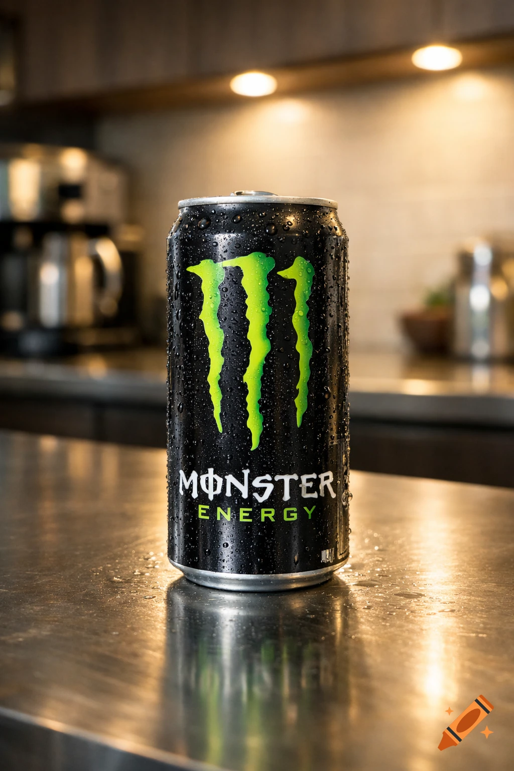 A photorealistic black Monster Energy drink can with green logo, covered in condensation, sits on a metallic counter in a kitchen.