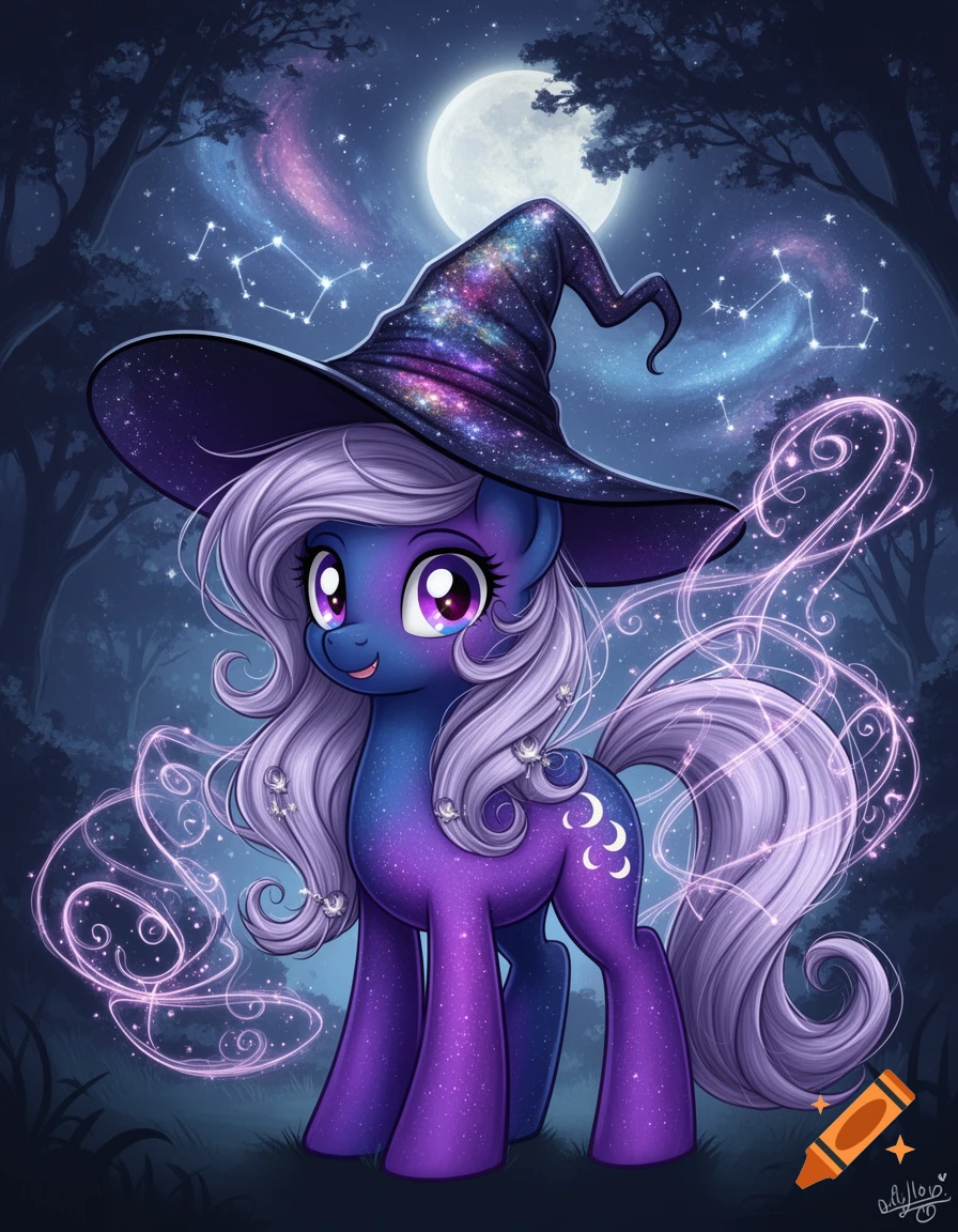 A purple cartoon pony with a galaxy witch hat and white mane stands in a magical forest under a full moon, surrounded by glowing pink light trails.