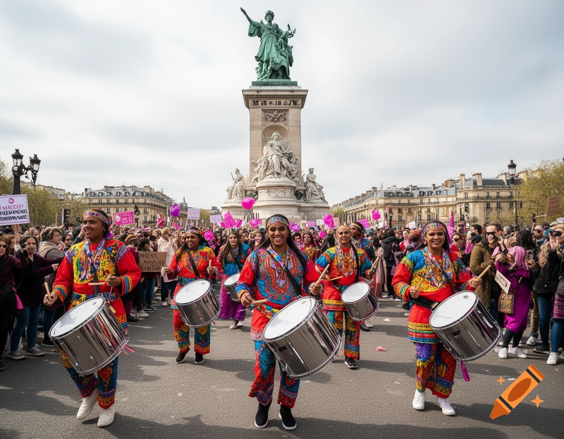 A group of drummers in colorful outfits march in a lively street parade, surrounded by a crowd and a large statue in a city square under a cloudy sky.