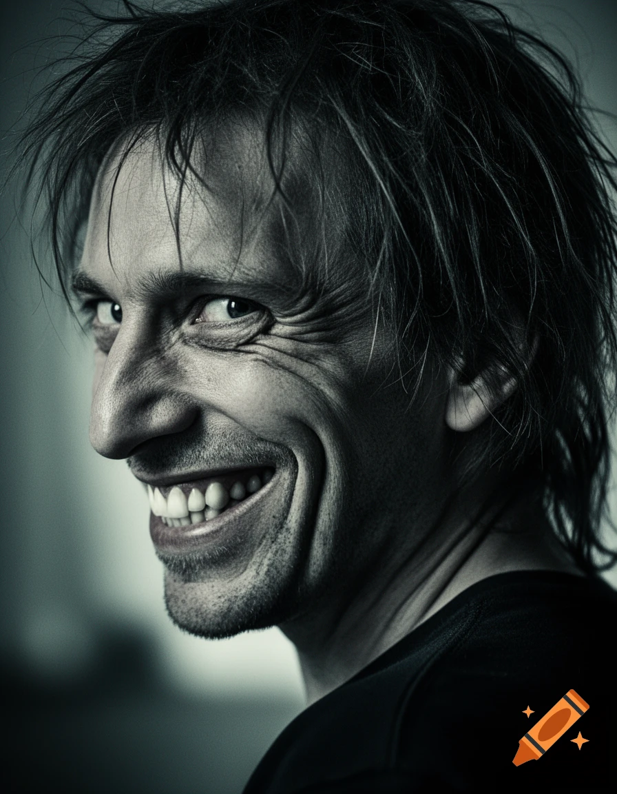 Close-up, black and white portrait of a man with messy hair and an unsettling, wide smile, looking over his shoulder.