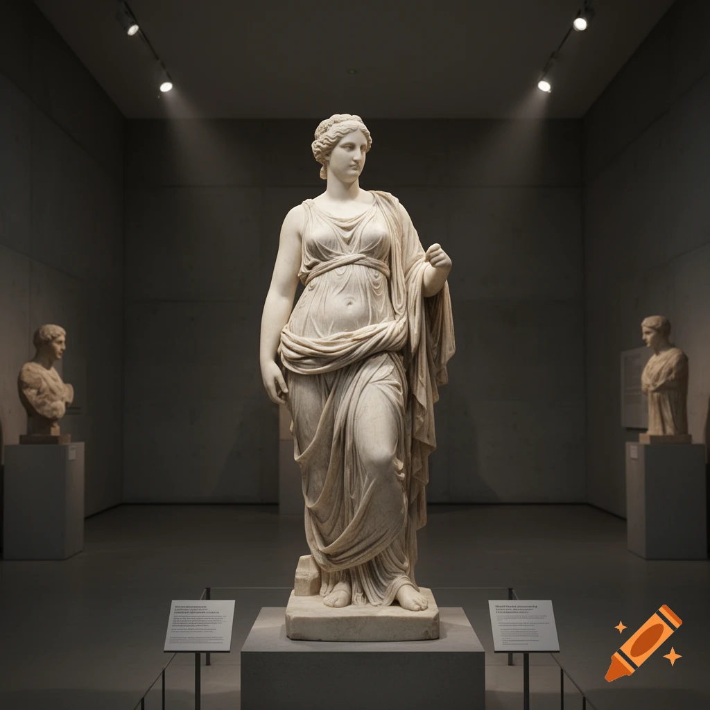A white marble statue of a draped female figure stands in a dimly lit museum hall, with spotlighting from above.