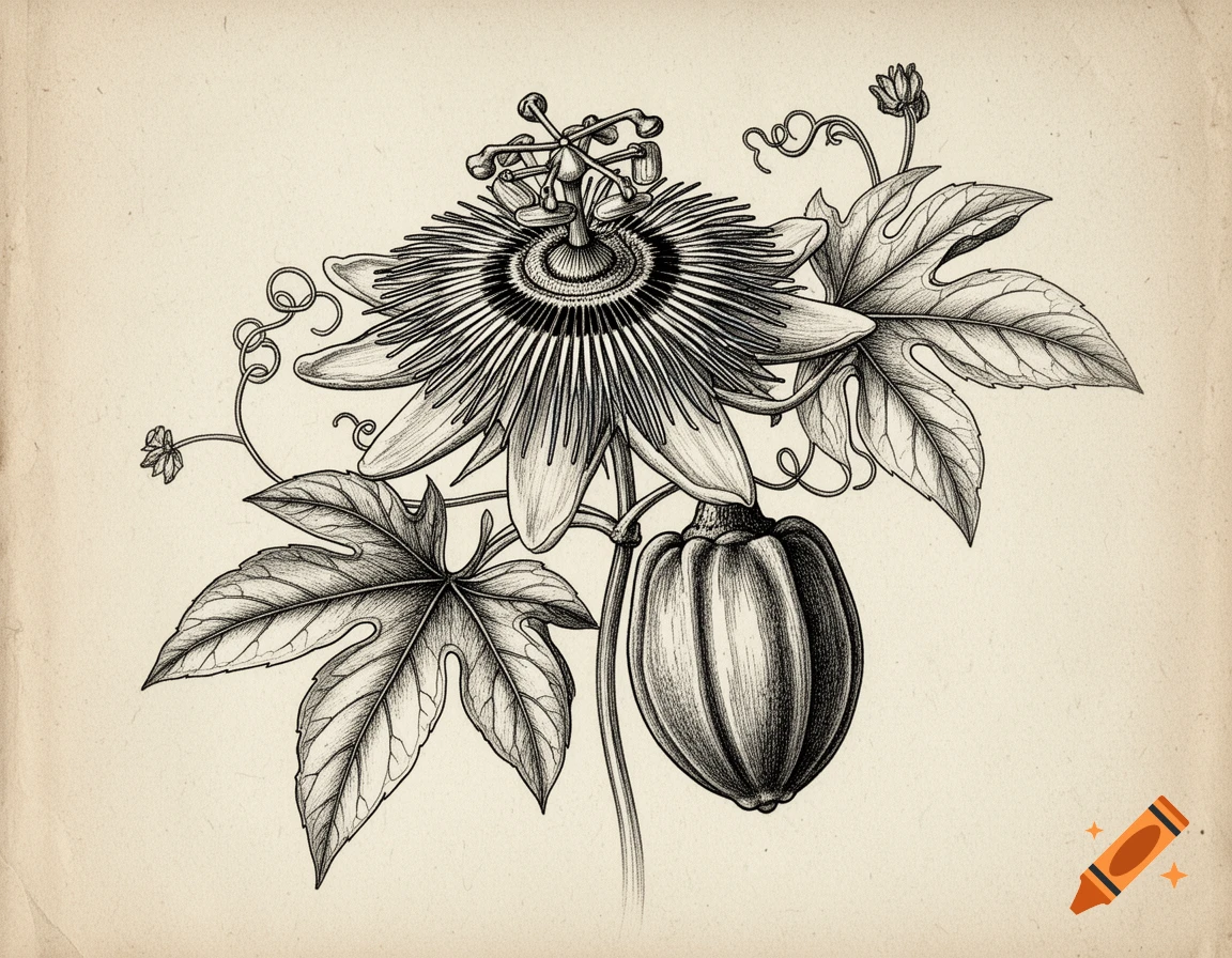 Black and white botanical illustration of a passionflower with leaves and fruit on aged paper.
