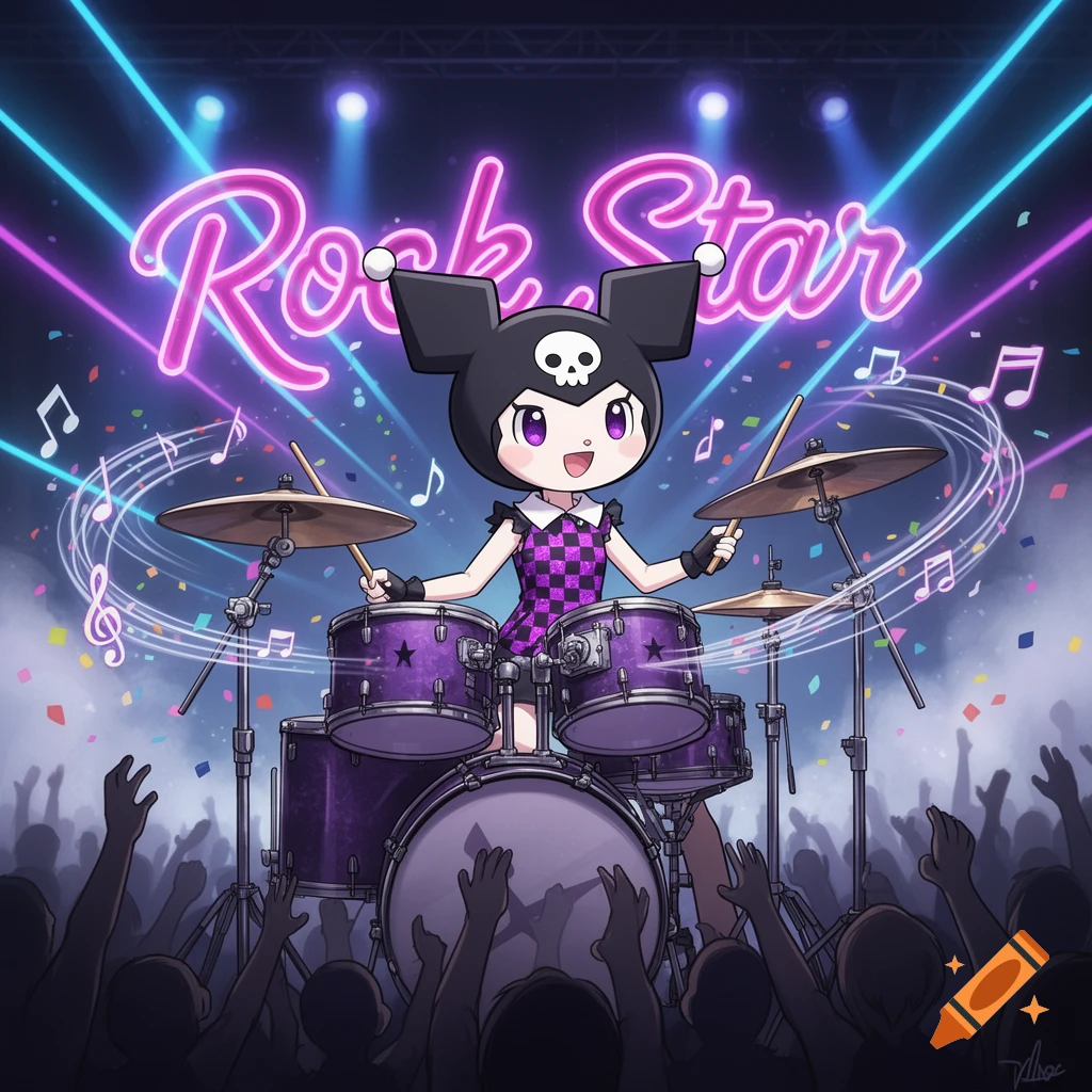 Anime-style Kuromi plays drums on stage under a neon 'Rock Star' sign, with an audience.
