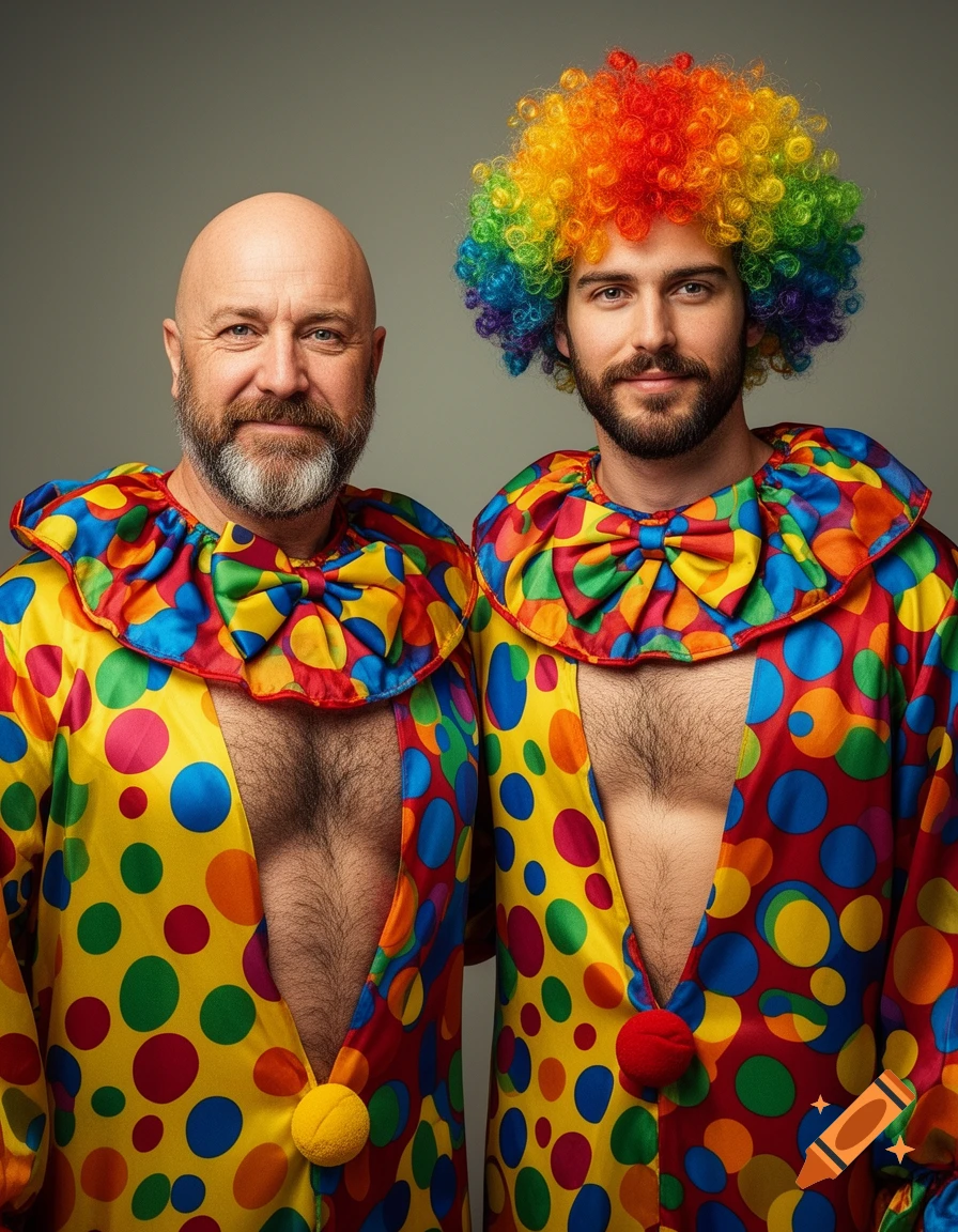 Portrait of two men in colorful polka-dot clown costumes with open chests. One man is bald, the other wears a rainbow afro wig.