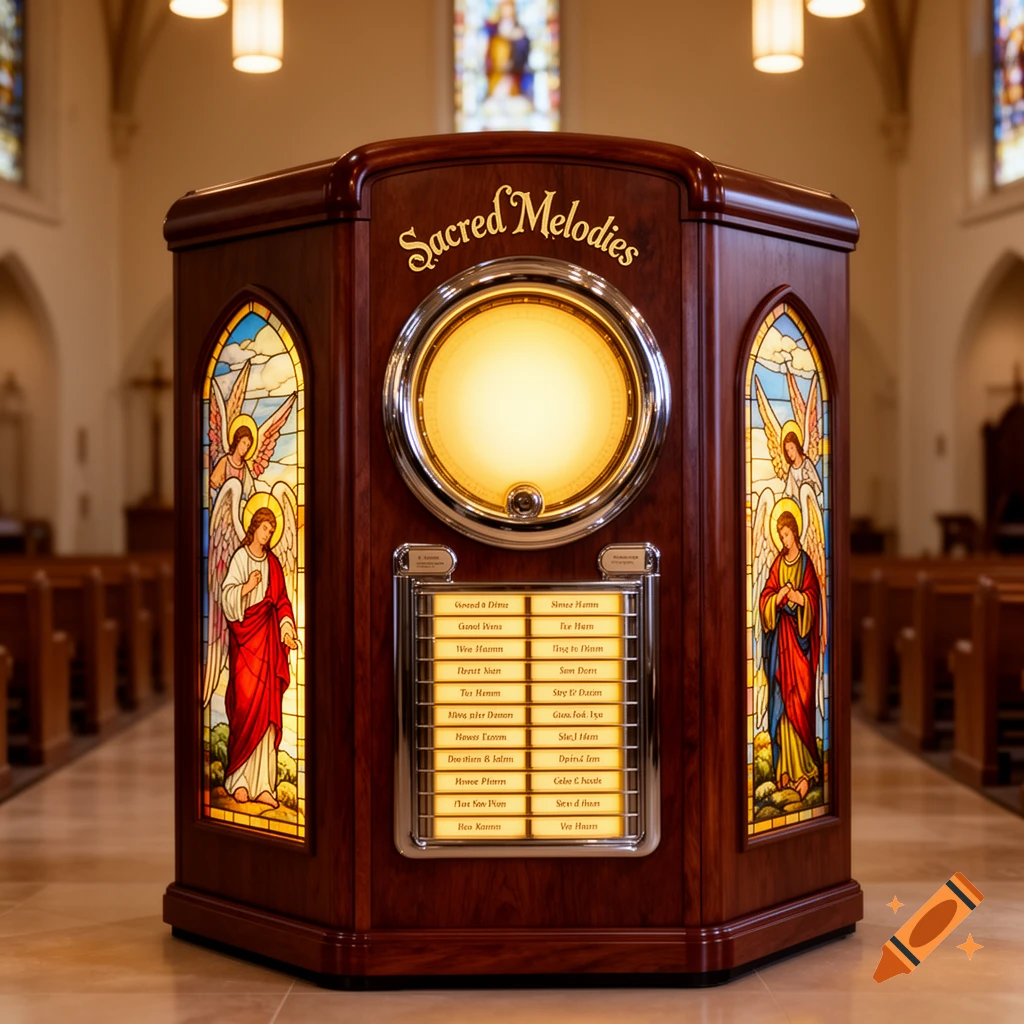 A decorative wooden jukebox with illuminated stained-glass panels depicting angels, standing in the aisle of a church.