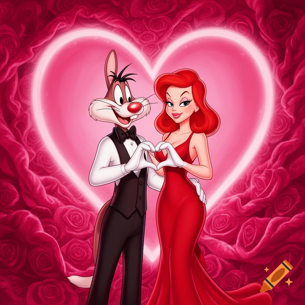 Cartoon Roger and Jessica Rabbit forming a heart with their hands, framed by a large glowing pink heart and red roses.