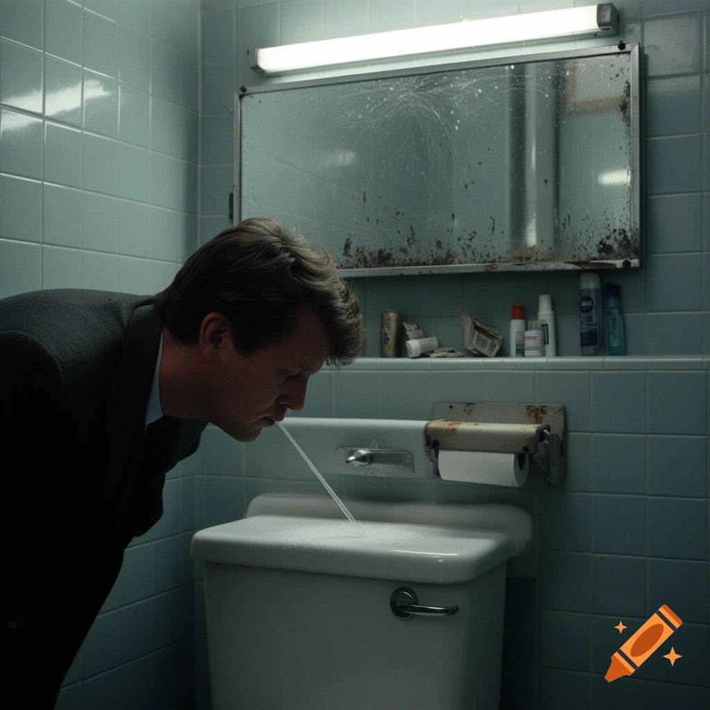 A man in a suit leans over a dirty toilet, spitting a stream of liquid into it in a grimy bathroom.