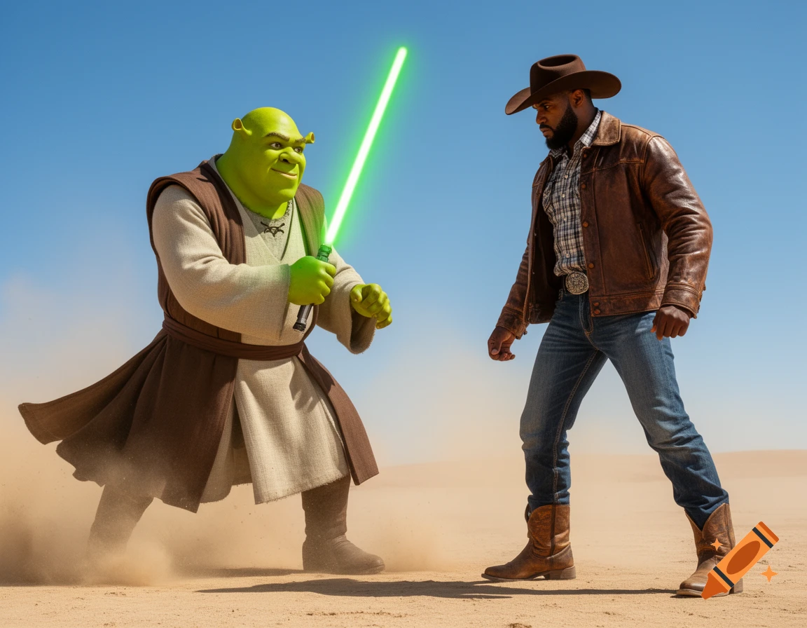 Shrek dressed as a Jedi with a green lightsaber faces a cowboy in a desert landscape.