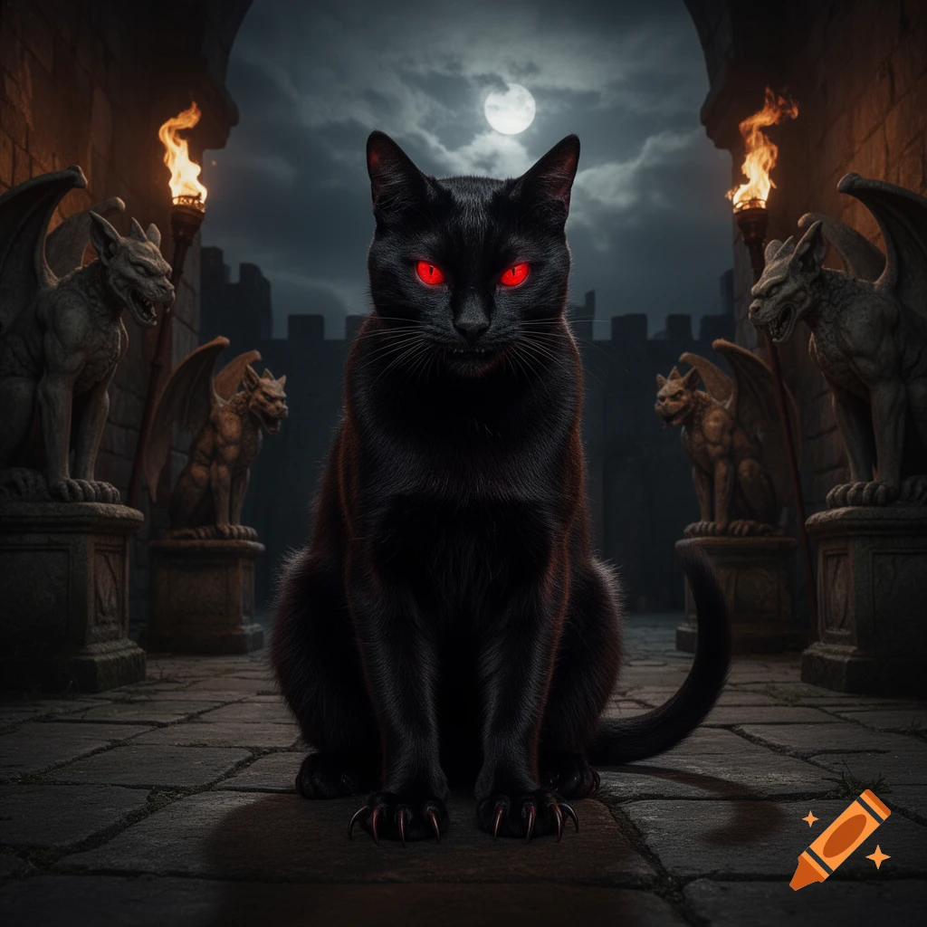 A black cat with glowing red eyes and sharp claws sits in a dark, gothic castle courtyard under a full moon, flanked by gargoyle statues and torches.
