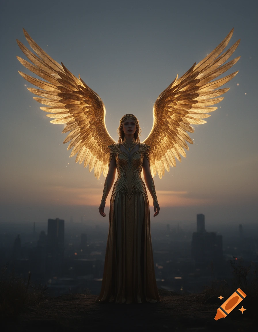 A majestic woman with large golden wings and a golden dress stands on a cliff overlooking a city at sunset.