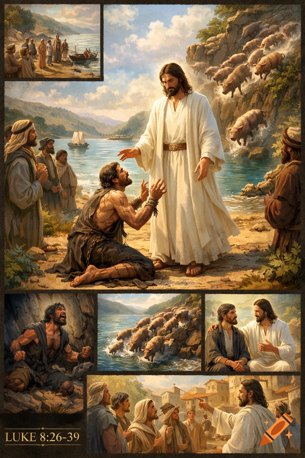 A multi-panel illustration depicting scenes from Luke 8:26-39, featuring Jesus, a kneeling man, disciples, and pigs running into a lake.
