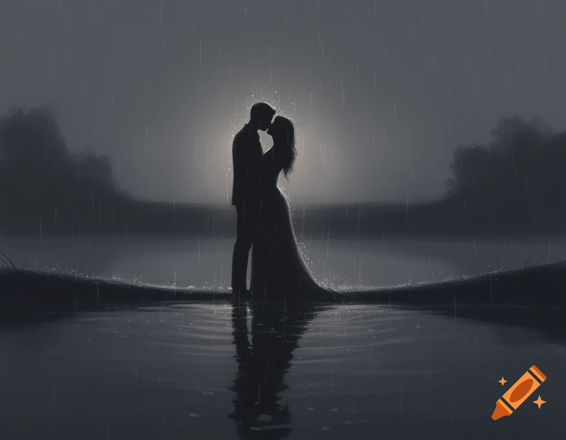 A silhouette of a couple kissing by the water in the rain, with a faint glow behind them.