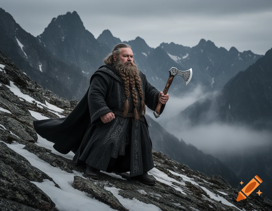 A photorealistic dwarf with a braided beard and dark robes stands on a snowy mountain slope, holding a battle axe.