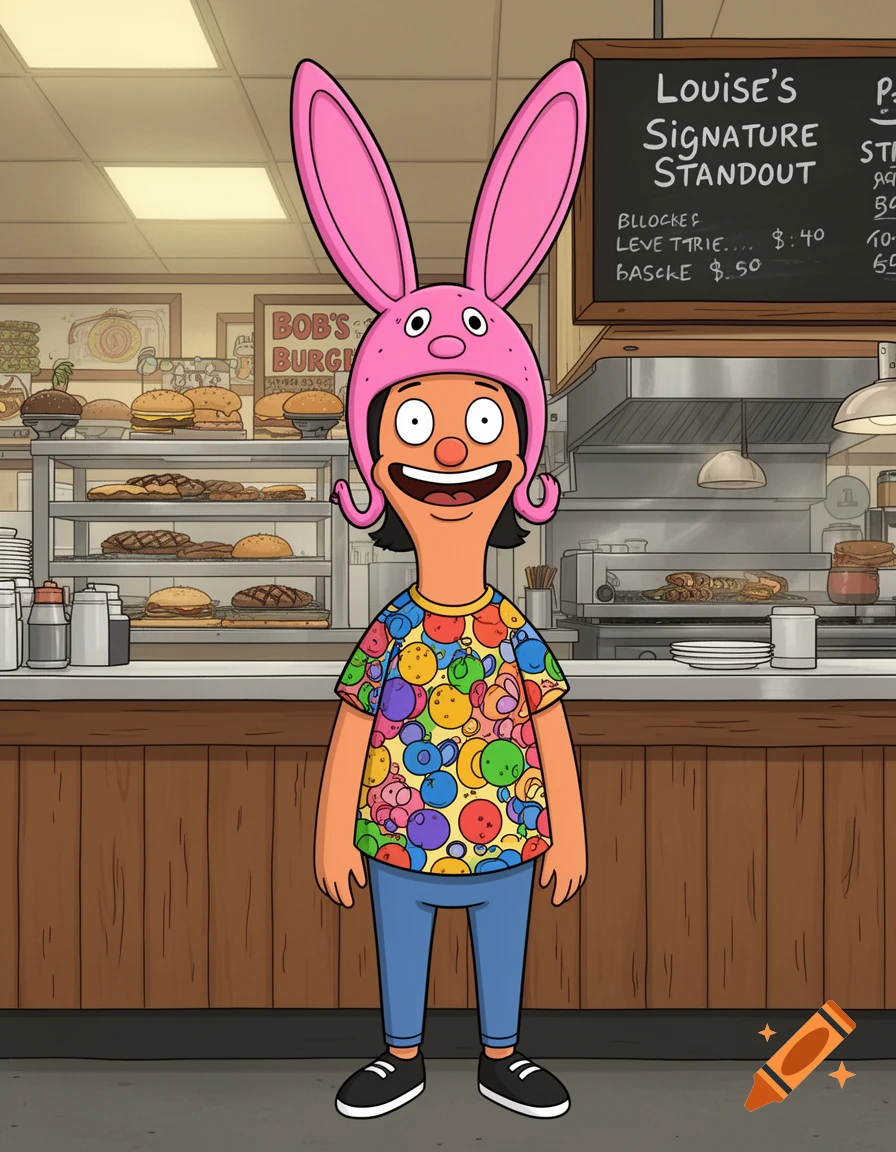 Cartoon character Gene Belcher from Bob's Burgers wears Louise's pink bunny hat, a colorful shirt, and blue pants while standing in a restaurant kitchen with a menu board and food displays in the background.