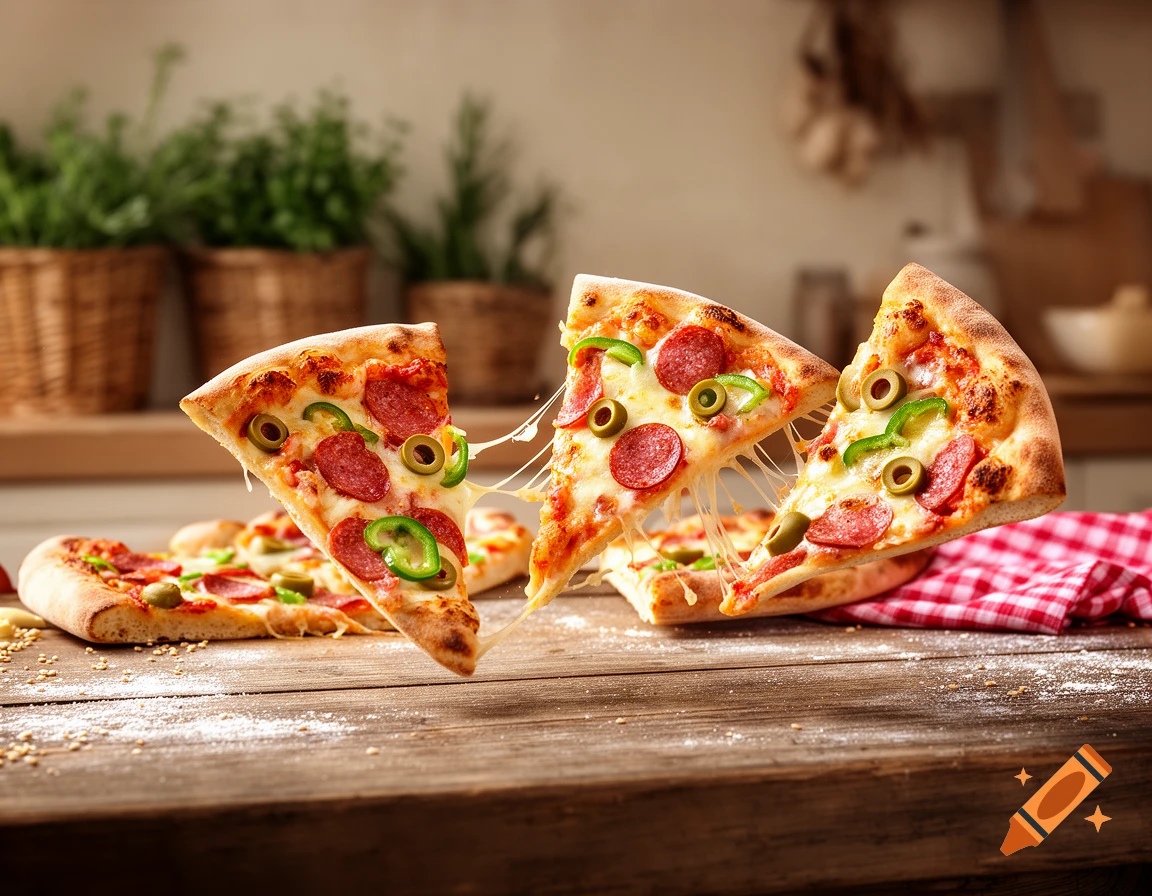 Three pepperoni pizza slices, with stretching cheese, green peppers, and olives, levitate above a rustic wooden table with a checkered napkin in a kitchen.