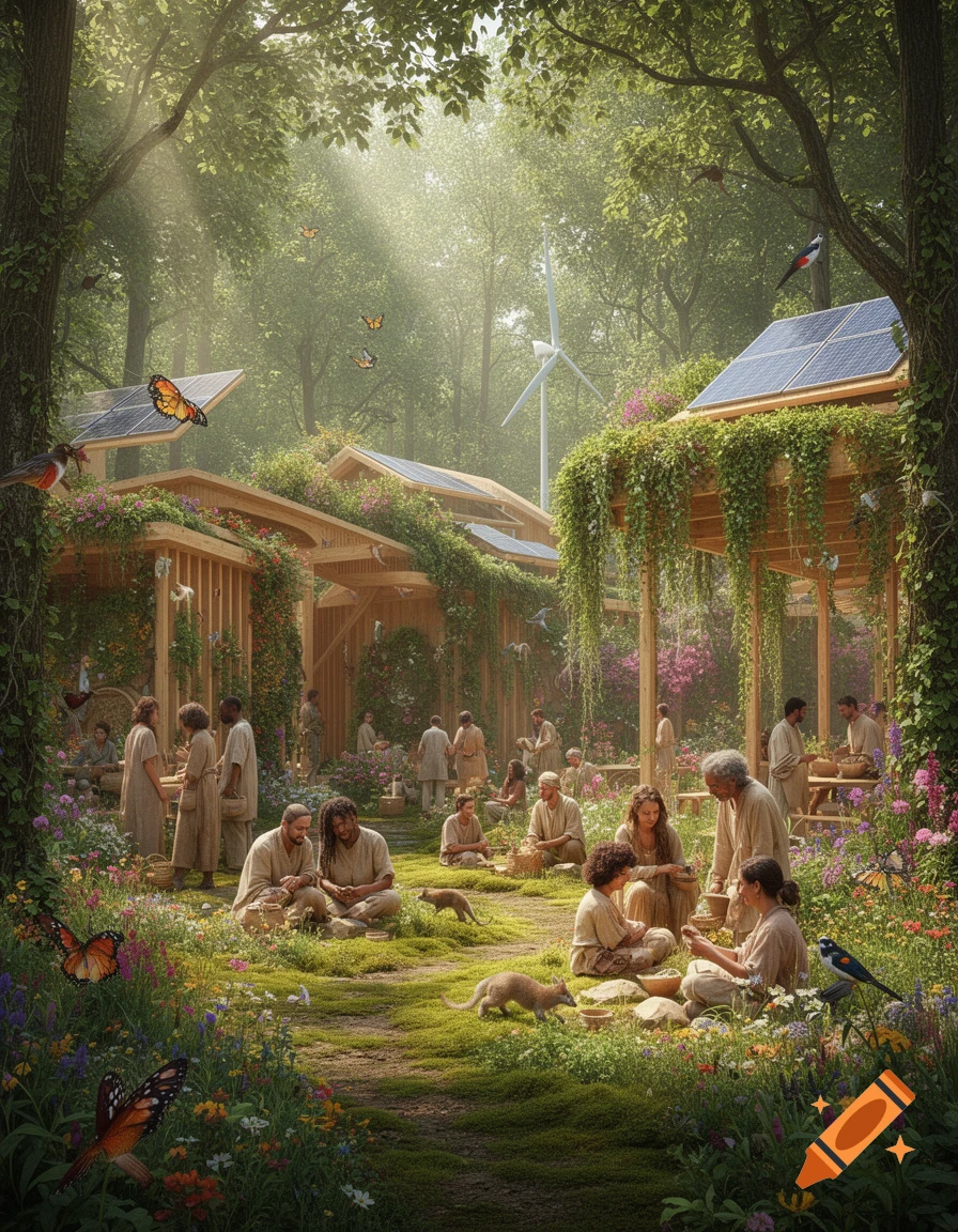 A vibrant, utopian community in a lush forest, with people in robes among eco-friendly wooden homes with solar panels and a wind turbine, surrounded by nature.