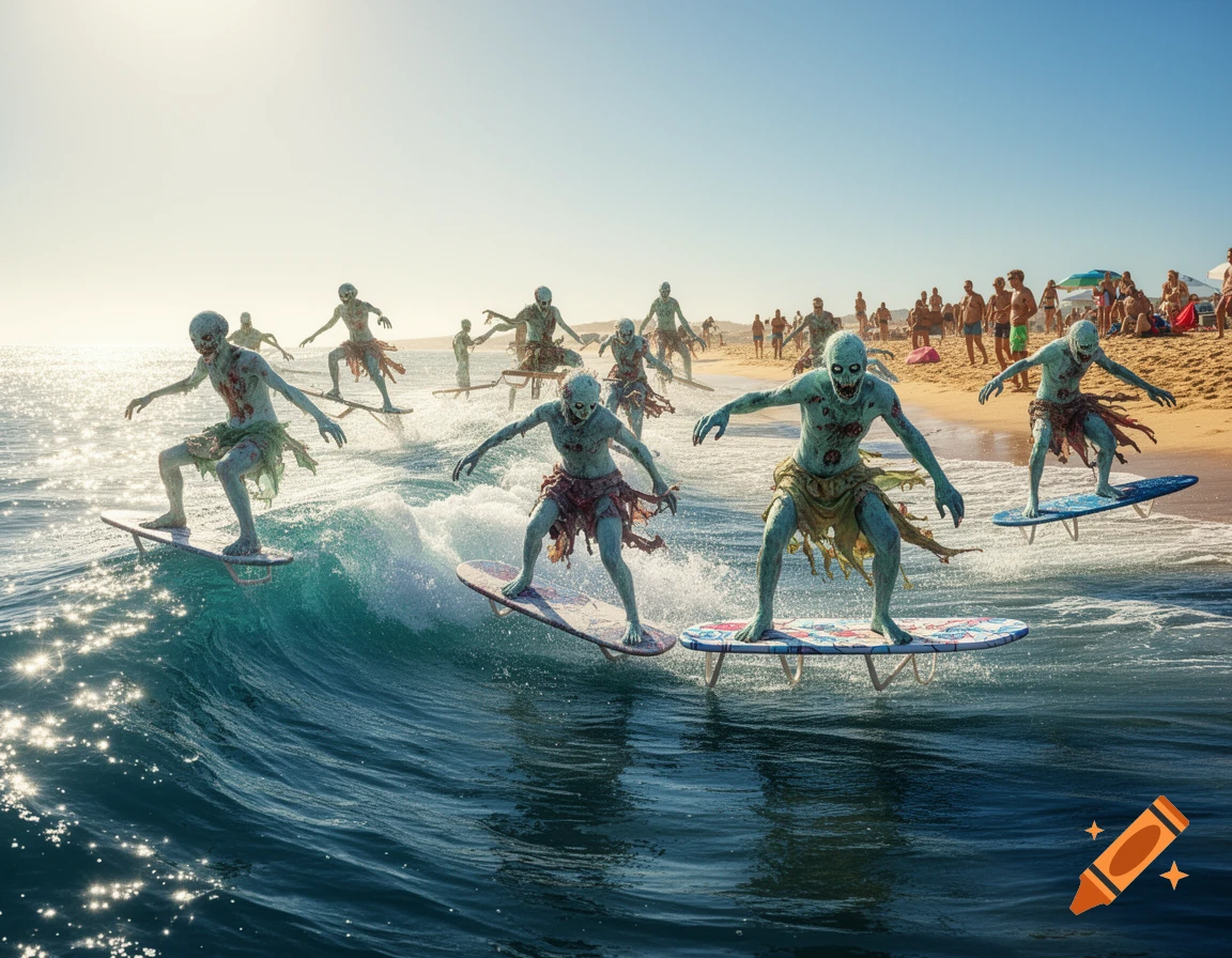 Photorealistic zombies surf on ironing board-like boards on waves at a sunny beach with people in the background.