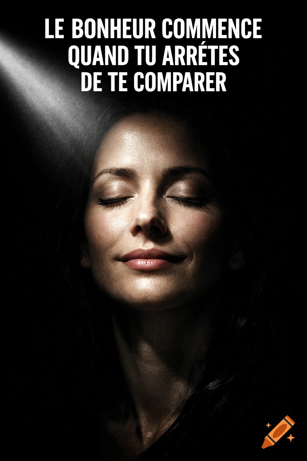 A photorealistic portrait of a serene woman with closed eyes, illuminated by a beam of light on a dark background. Inspirational French text above.