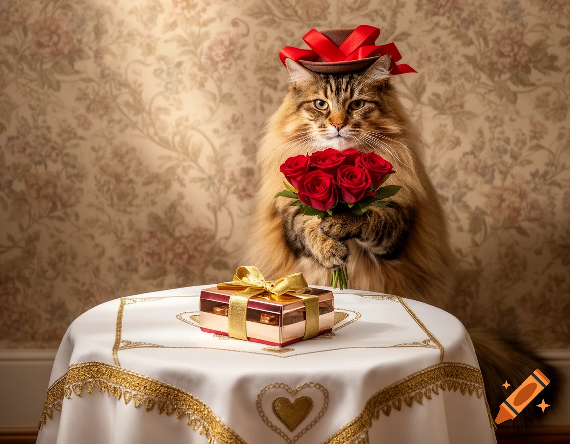 A fluffy cat wearing a brown hat with red ribbon holds a bouquet of red roses, sitting at a table with a gift box and heart-patterned tablecloth.