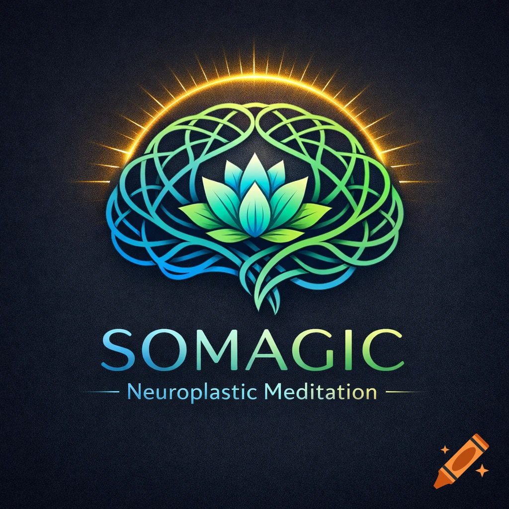 A colorful logo featuring a stylized brain intertwined with a lotus flower, under a golden sunburst on a dark background. Text reads 'SOMAGIC Neuroplastic Meditation'.