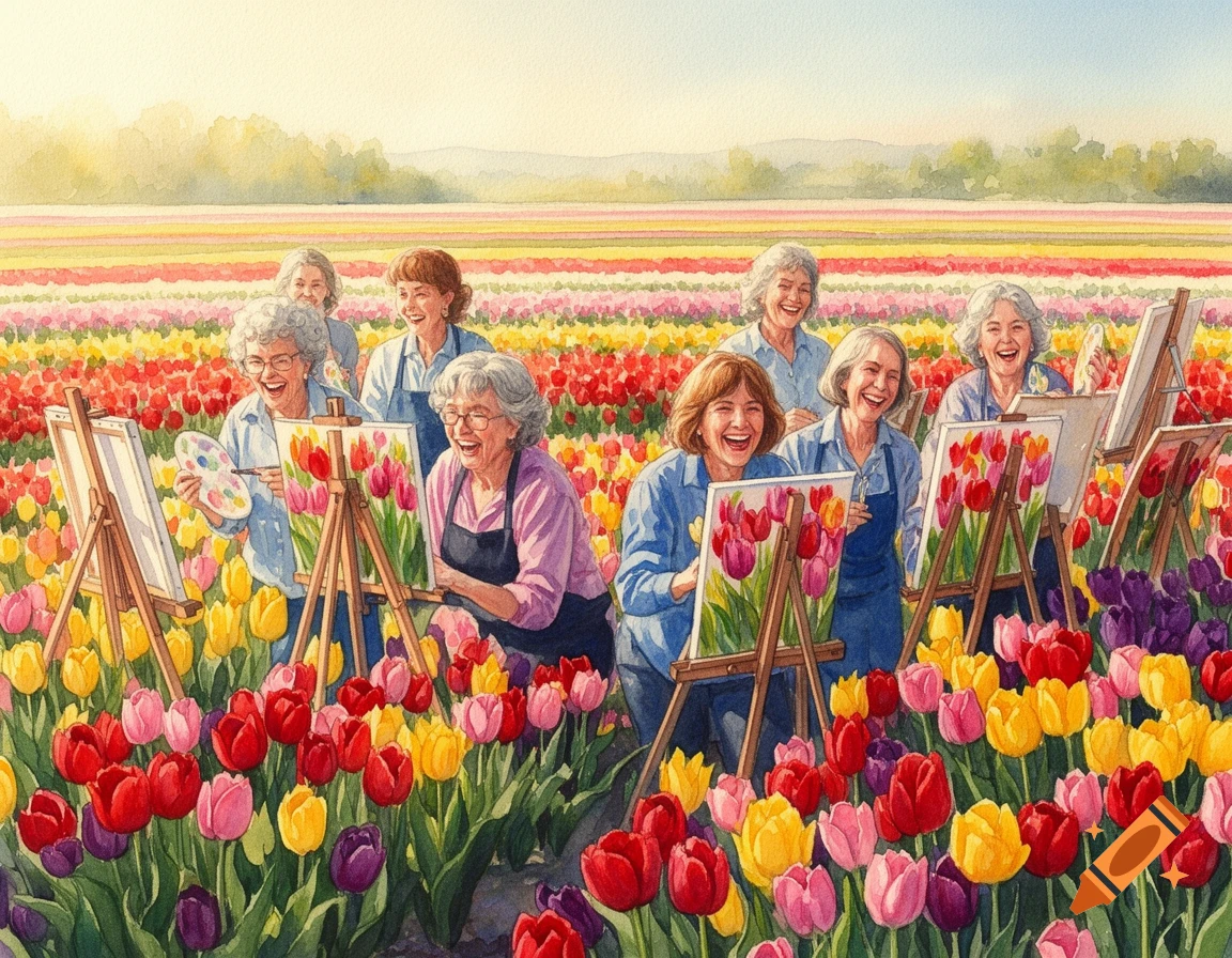 Group of laughing older women painting tulips in a vibrant watercolor field.