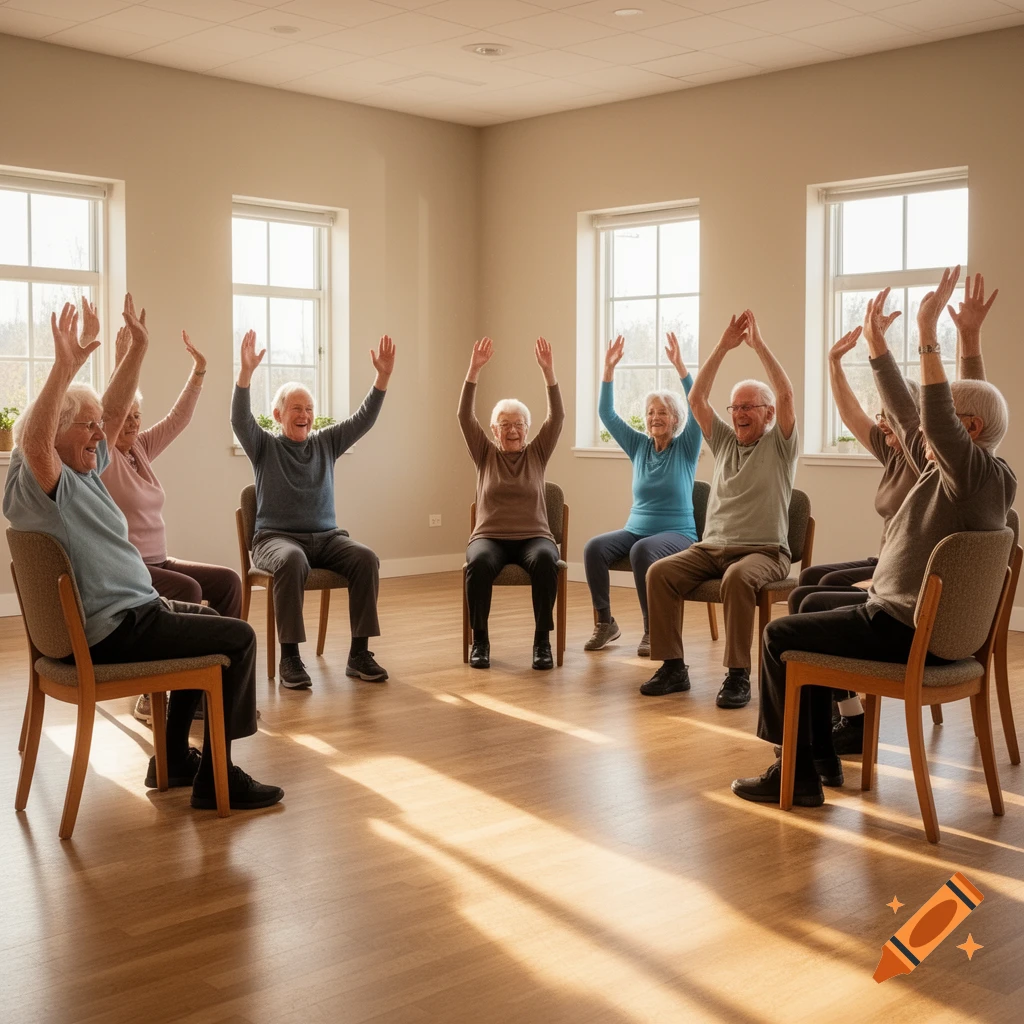 Elderly people sitting on chairs with arms raised, doing seated exercises in a bright room.