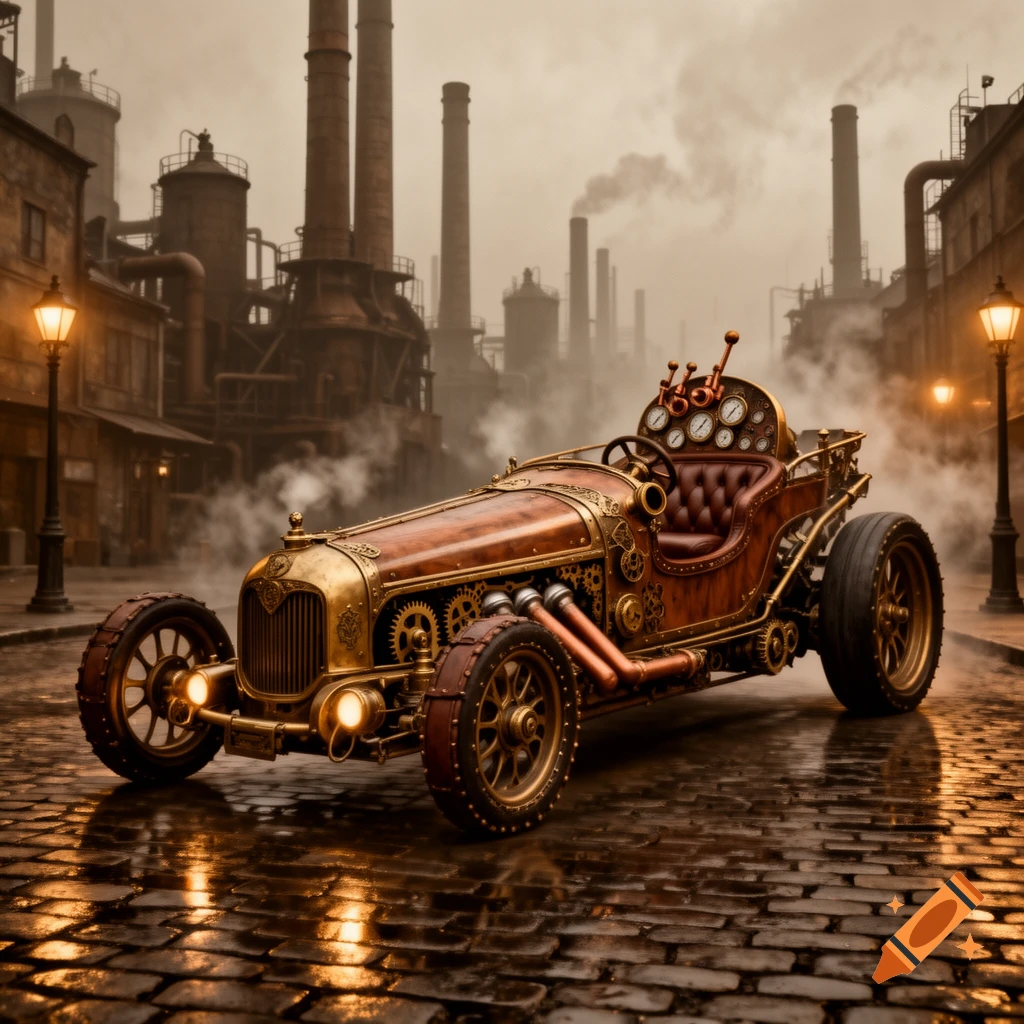 Steampunk dragster with brass and leather details on a wet cobblestone street in a foggy industrial city.