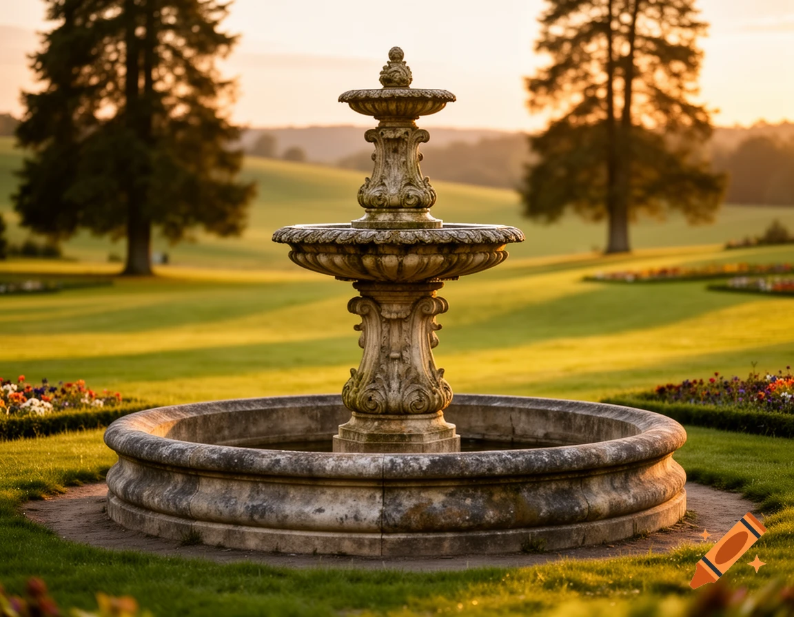 Elegant stone fountain in a lush green park at golden hour, surrounded by grass and flower beds with soft hills and trees in the background.