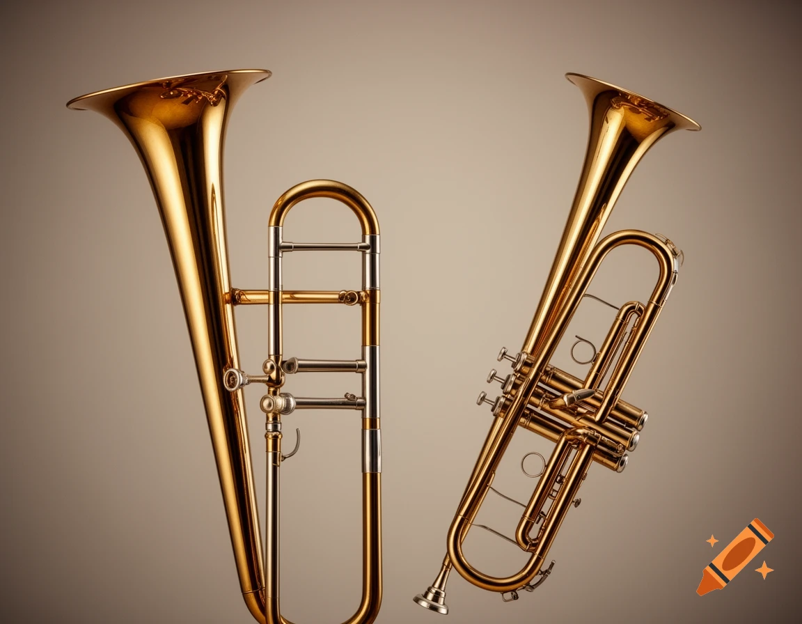 A golden trombone with its bell pointing up-left and a golden trumpet with its bell pointing up-right, on a neutral background.