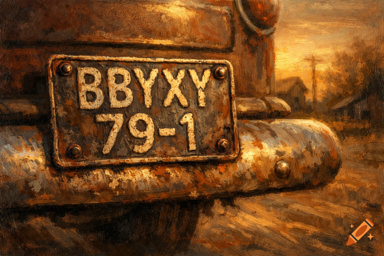 Close-up oil painting of a rusty car license plate, 'BBYXY 79-1', with a rural, golden hour background.