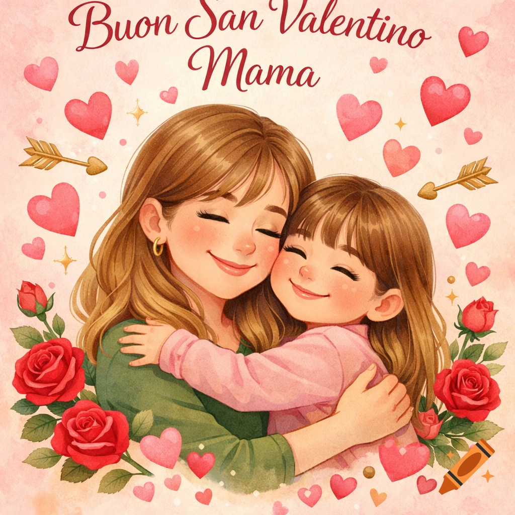 Cartoon illustration of a mother and daughter hugging, surrounded by pink hearts, red roses, and cupid arrows, with the text "Buon San Valentino Mama".