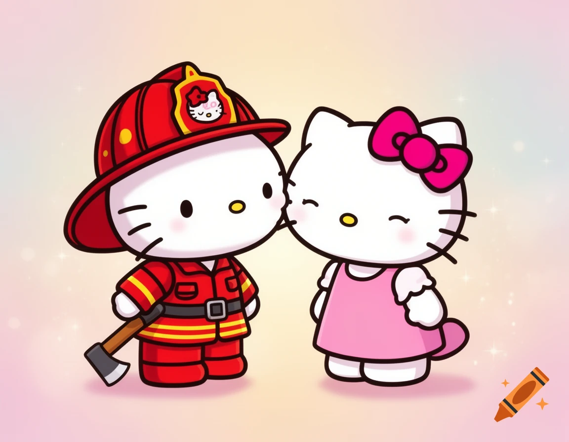 Hello Kitty firefighter kisses Hello Kitty in pink dress on the cheek.