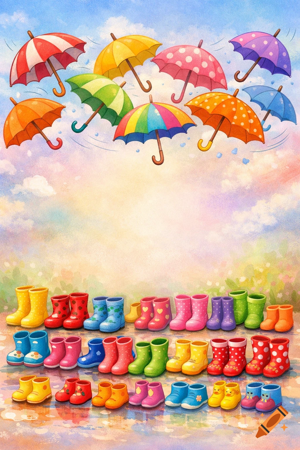 A cheerful watercolor illustration featuring many colorful umbrellas floating in a pastel sky above rows of colorful rain boots on wet ground.