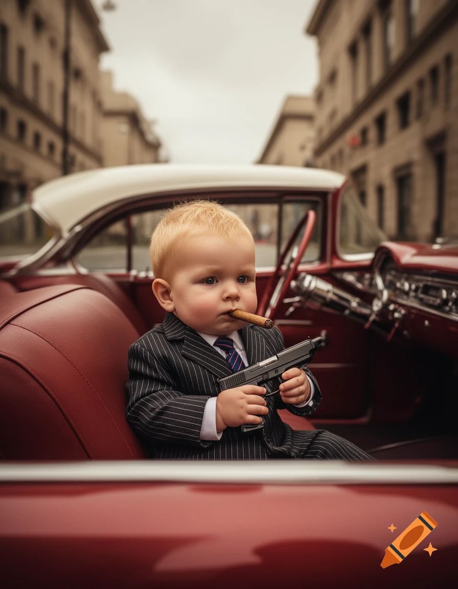 A photorealistic image of a baby in a pinstripe suit, holding a handgun and a cigar, sitting in a vintage 1950s car.