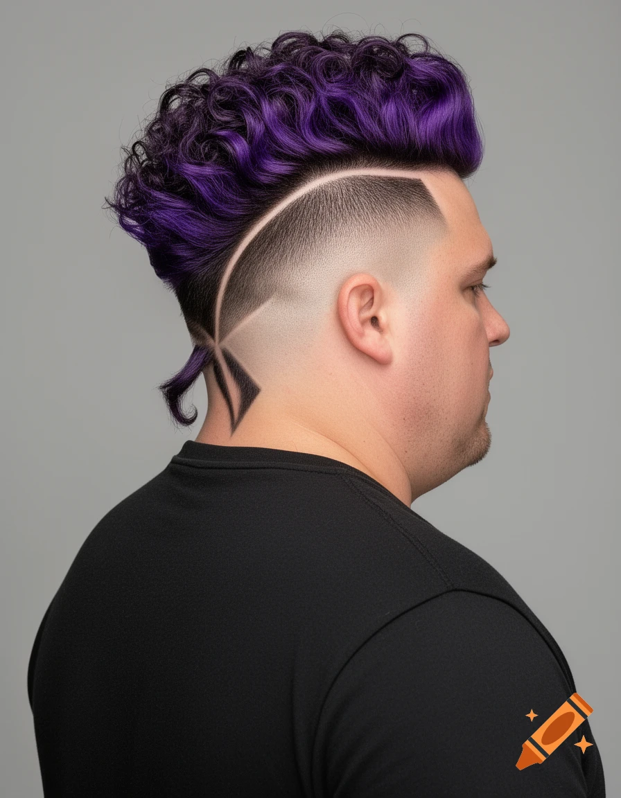 A man with a bold purple curly mohawk, a high skin burst fade, and a geometric razor line design on the side, viewed from the 3/4 rear.