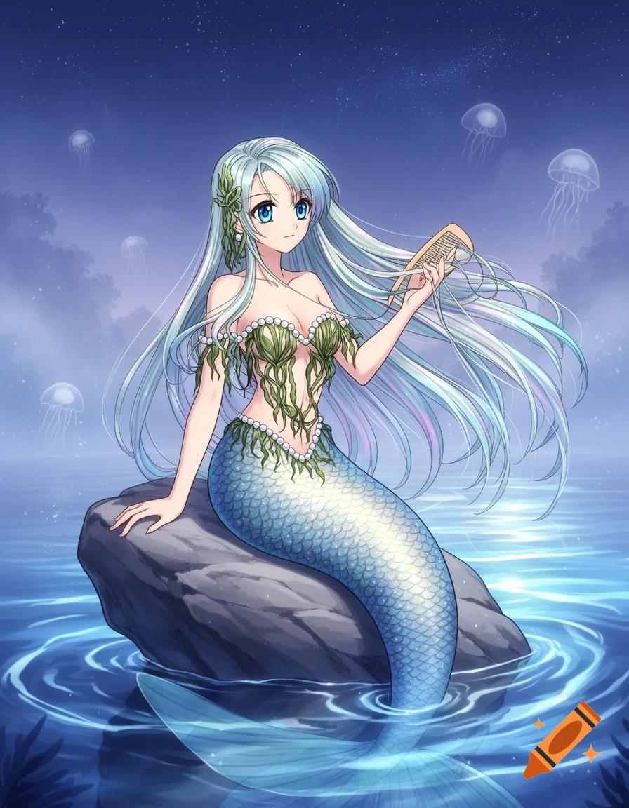 Anime illustration of a blue-haired mermaid with a seaweed top sitting on a rock in the ocean at night, holding a comb, with jellyfish.