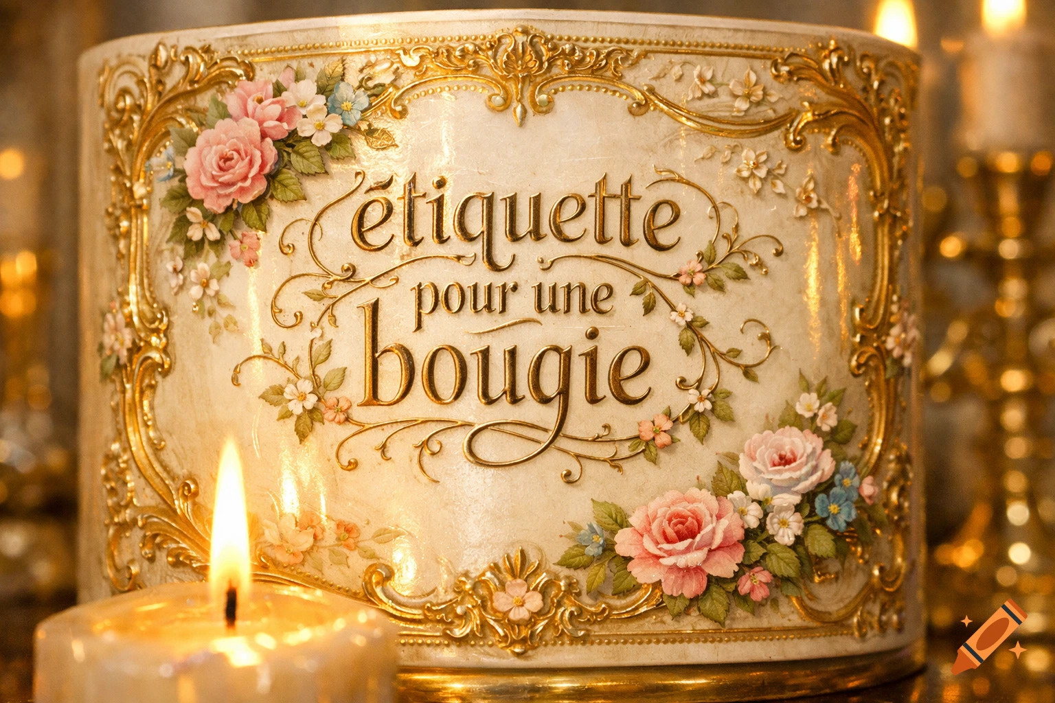 Ornate cream and gold candle holder with pink roses, blue flowers, and the text 'étiquette pour une bougie', next to a lit candle.