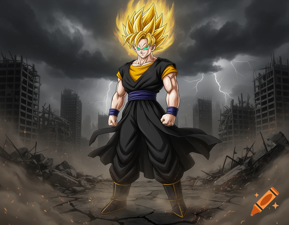 Super Saiyan anime character in black and yellow attire stands in a destroyed city under a dark, stormy sky with lightning.