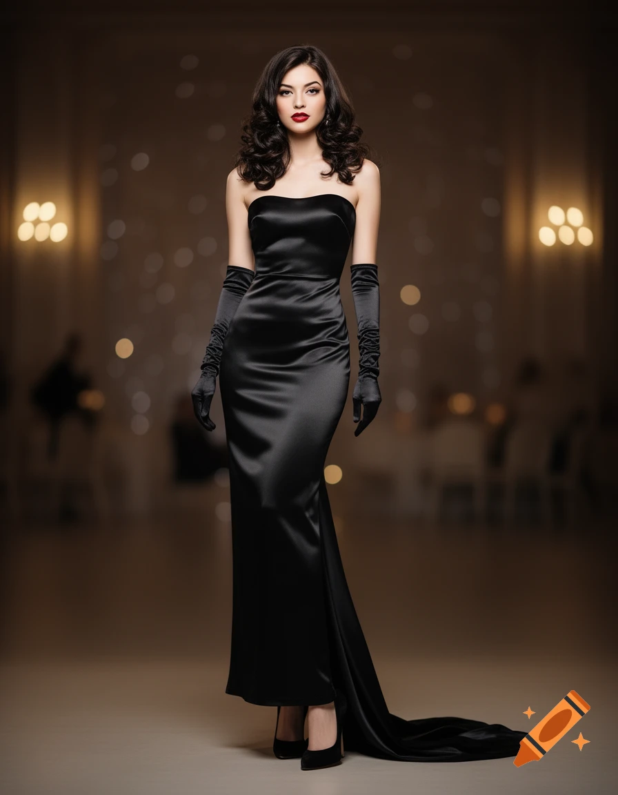 A photorealistic portrait of an elegant woman with dark curly hair and red lipstick, wearing a black satin strapless gown and long gloves, standing in a dimly lit room with bokeh lights.