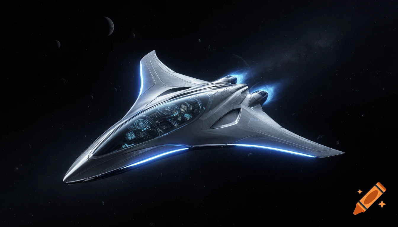 A sleek, futuristic silver spaceship with glowing blue lights flies through a dark, star-filled space with distant moons and asteroids.