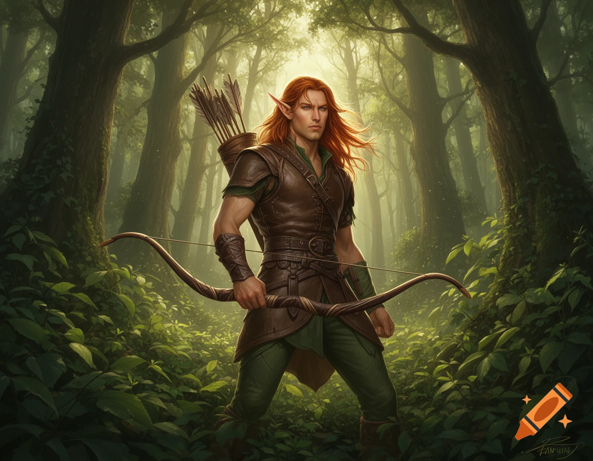 A male wood elf ranger with long red hair and a bow stands in a lush, sun-dappled forest.
