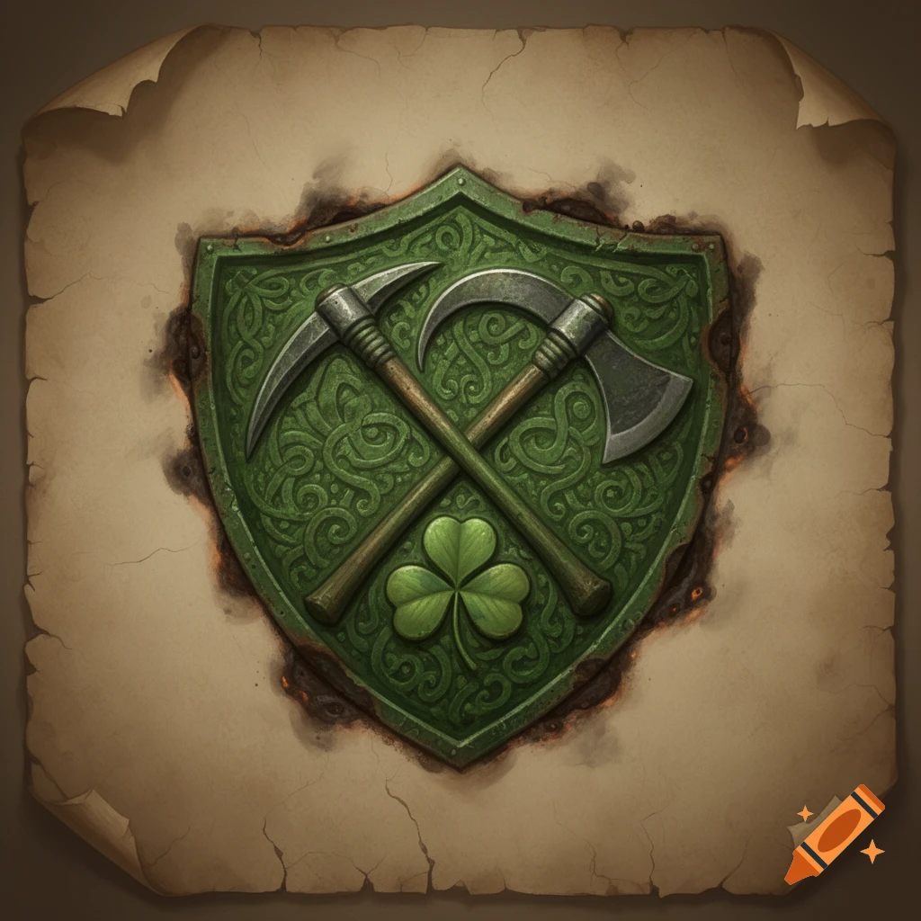 A green shield with intricate patterns, crossed pickaxe, sickle, and axe, and a three-leaf clover, all on old, curled paper.