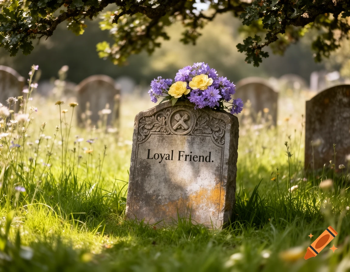 A close-up photorealistic shot of an old tombstone with purple and yellow flowers in a sunny, grassy graveyard. The stone reads "Loyal Friend."