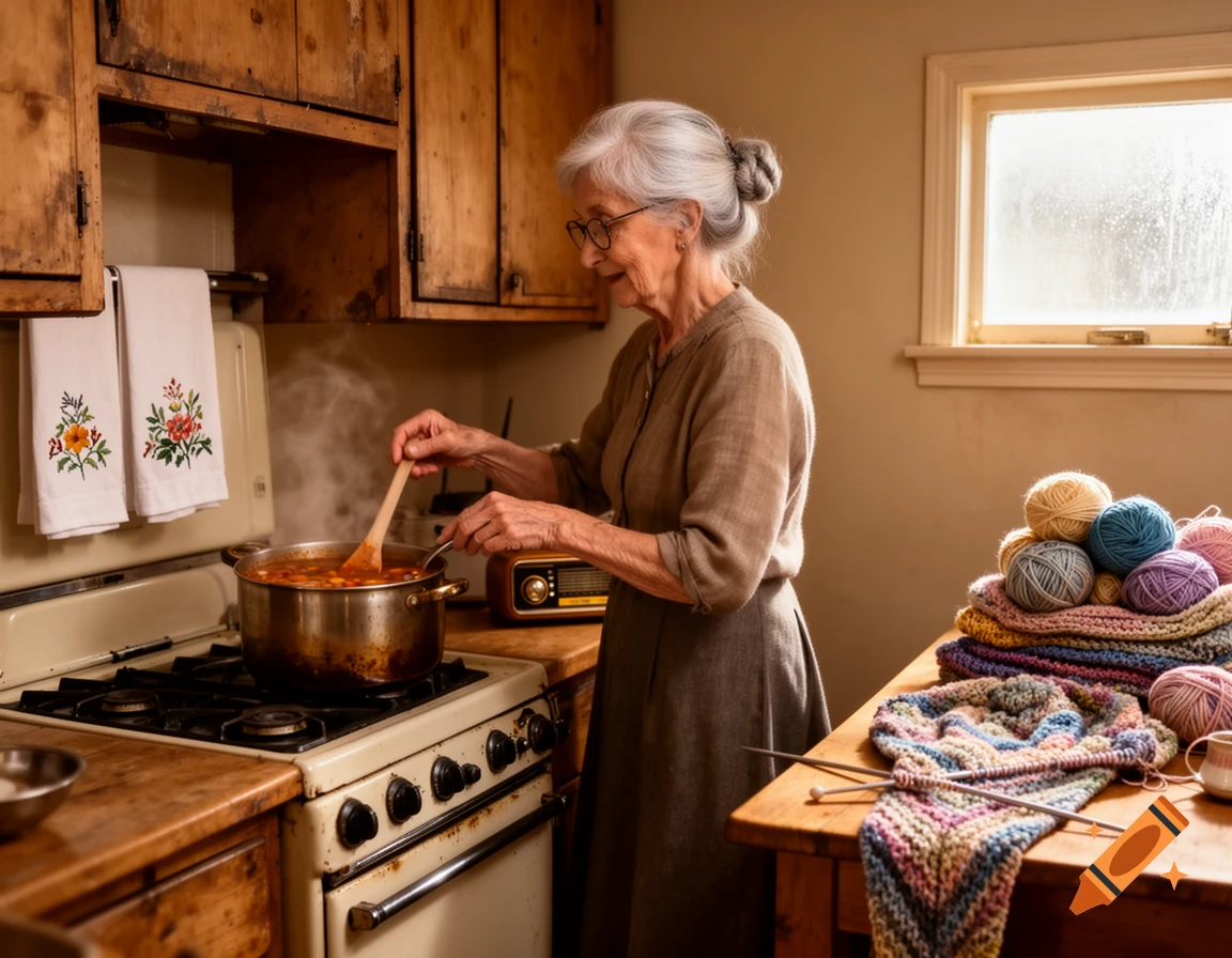 An elderly woman with gray hair stirs a pot on a vintage stove in a rustic kitchen, while knitting supplies sit on a nearby table.