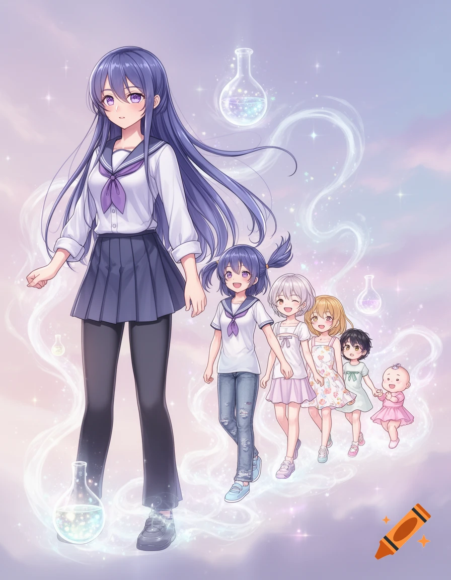 An anime girl in a school uniform walks with younger versions of herself, from child to baby, surrounded by glowing potion bottles and magical trails, set against a pastel sky. Anime style.